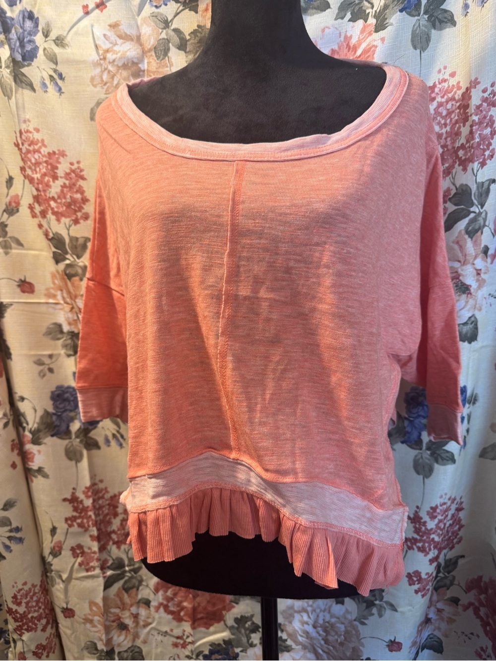 Poof! Coral Ruffle-Hem Boatneck Top